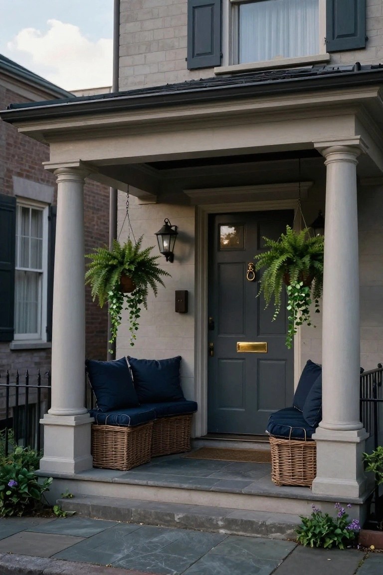 Colonial front porch with white columns, dark gray front door, brass knocker and mail slot, hanging fern plants, navy cushions on built-in benches with wicker baskets, wall lantern, and slate steps.
