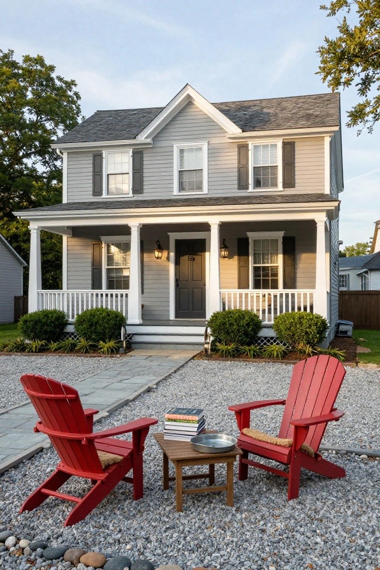 Gray clapboard colonial house with gabled roof, white porch columns and railing, dark gray front door, flanked by boxwood shrubs, and two red Adirondack chairs with cushions around a small wooden table on gravel in front of stone path to porch steps.