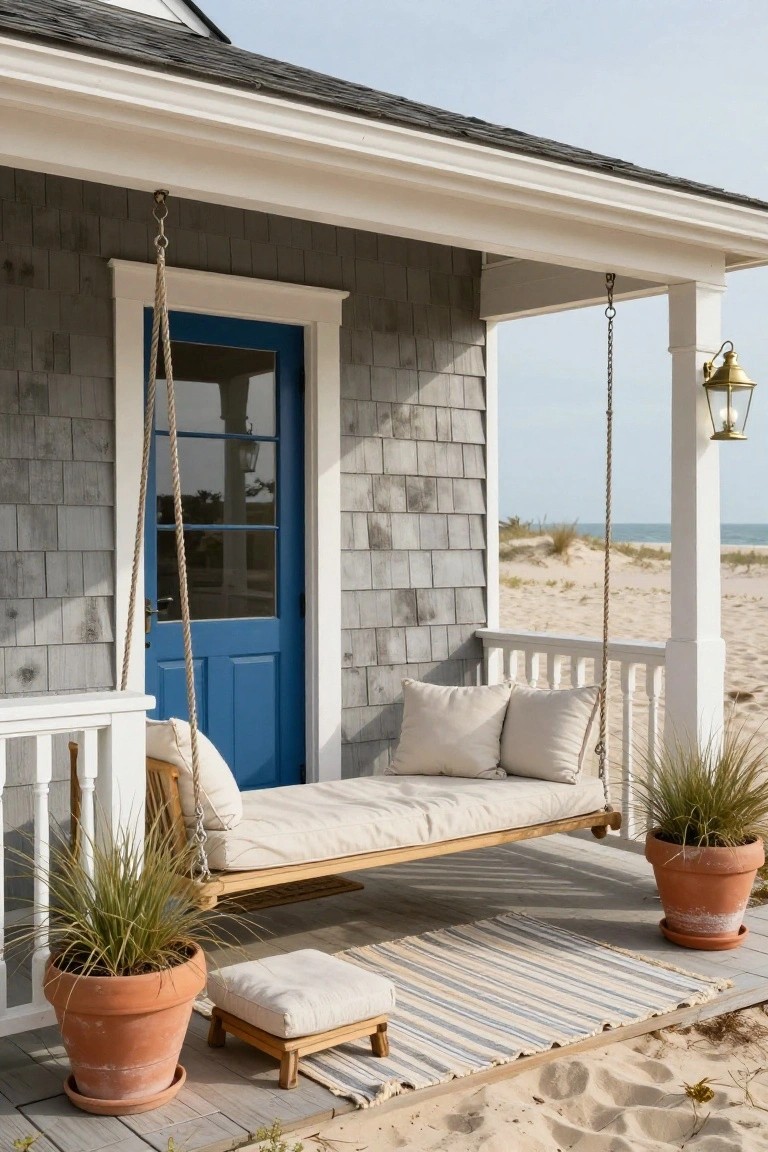 Gray shingled cottage exterior with white porch railings, a blue door, rope-suspended beige swing bed, potted grasses, footstool, striped rug, and sandy beach in background.