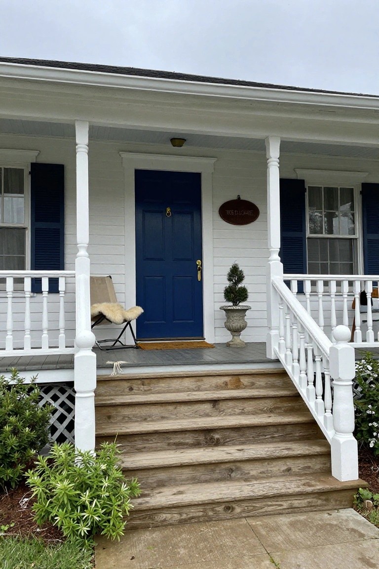 White clapboard colonial house with navy blue double front door, brass knocker and sign, navy shutters on flanking windows, white porch columns, potted topiary plant, folding chair with sheepskin throws, and weathered wooden steps.