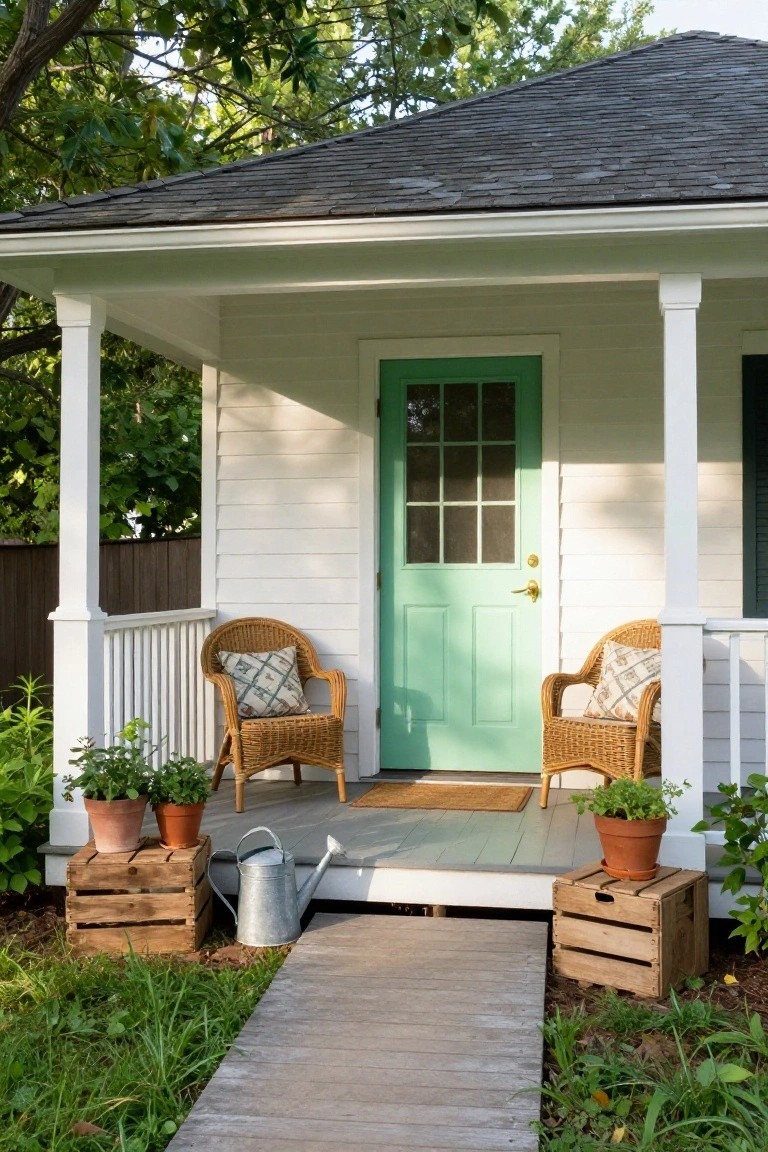 White clapboard cottage with dark shingled roof and covered front porch featuring a mint green door flanked by two wicker armchairs with pillows, potted plants on wooden crates, metal watering can, and wooden boardwalk path leading to the porch amid green lawn and trees.
