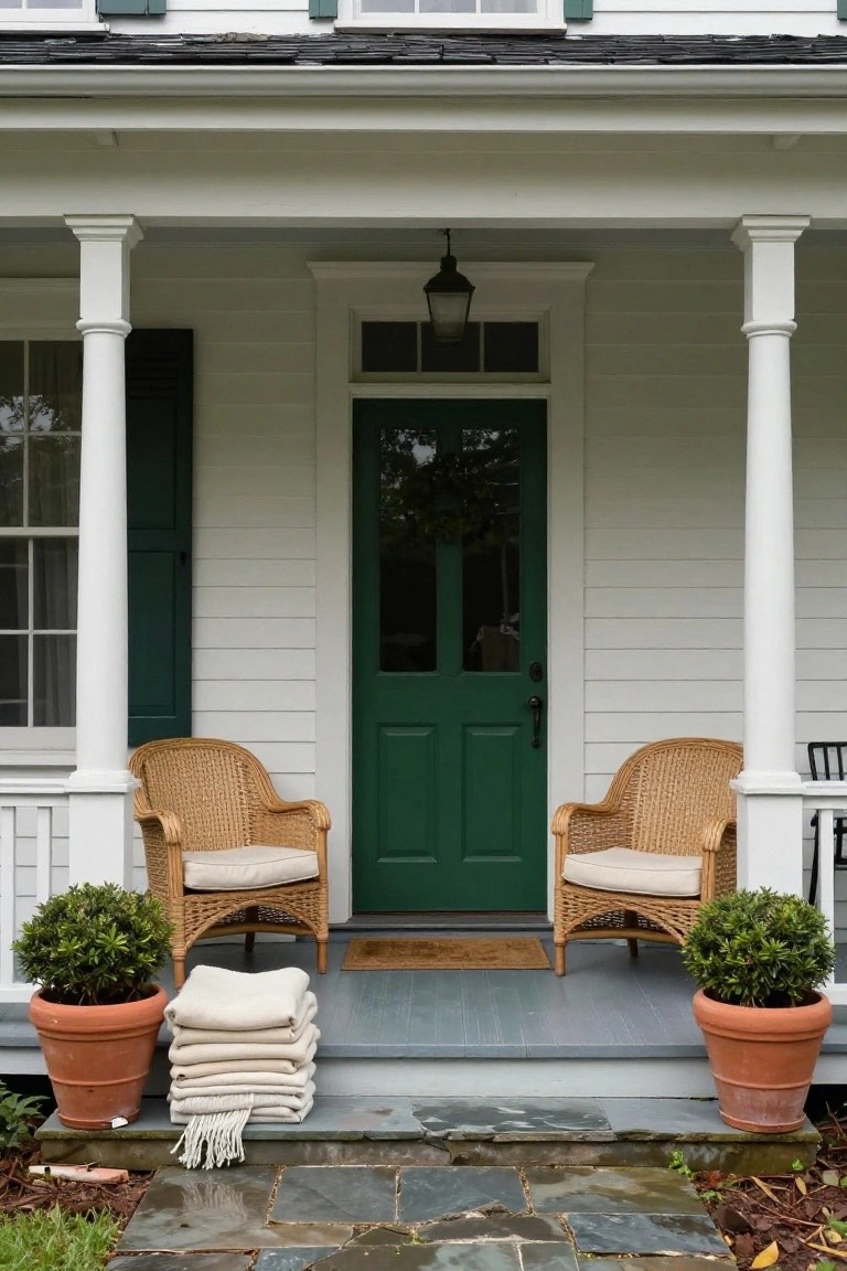 White clapboard colonial house front porch with green double door centered between columns, flanked by two beige-cushioned wicker armchairs, potted boxwood plants, and stacked white blankets on the gray porch floor.