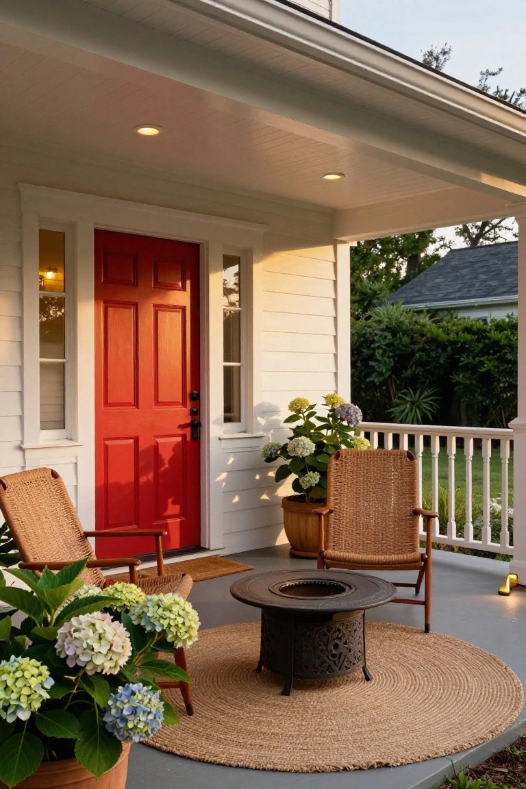 White clapboard house with red front door under a covered porch, two wicker rocking chairs flanking a round fire pit table on a seagrass rug, surrounded by large potted hydrangeas.