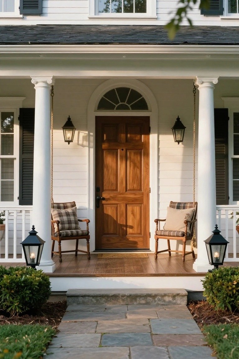 White colonial-style house exterior with front porch featuring Doric columns, rope-hung porch swing, two armchairs with plaid cushions, dark wood paneled door, lanterns, and stone path leading to steps flanked by shrubs.