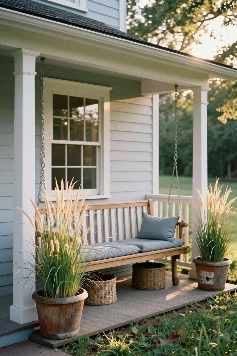 Wooden bench swing with gray cushions hanging by chains from porch ceiling between white columns on light blue clapboard house, flanked by tall pampas grasses in large rustic wooden pots with wicker baskets underneath on porch deck.