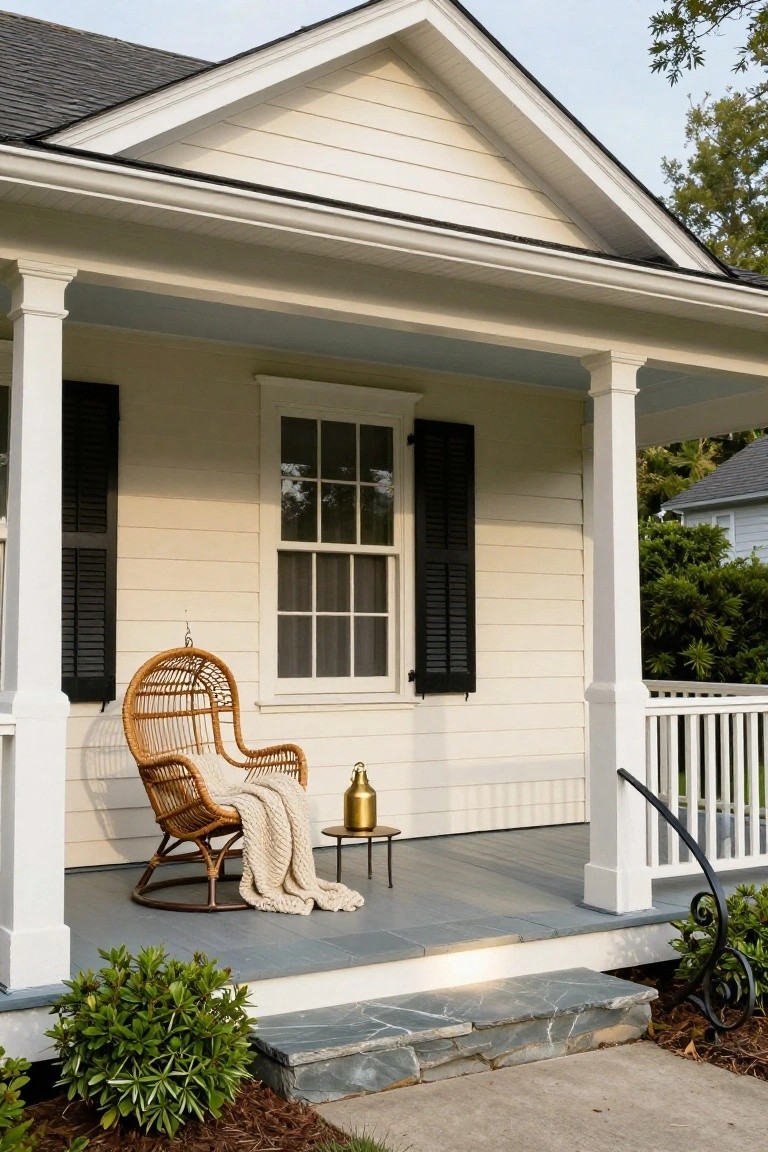 White clapboard colonial house with gray front porch deck, hanging rattan swing chair draped with cream knit blanket, brass lamp on small black table beside it, black shutters on window, boxwoods and stone steps at entry.