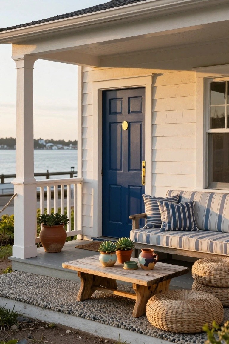 White clapboard house with blue front door on a covered porch overlooking water, furnished with striped bench sofa, wooden coffee table holding potted plants and ceramics, wicker ottomans, and gravel path nearby.
