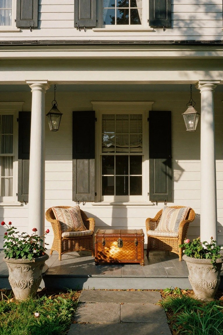 White clapboard colonial house front porch with two wicker armchairs flanking a wooden trunk used as a table, hanging lanterns on columns, black shutters on windows, and potted red flowers on either side.