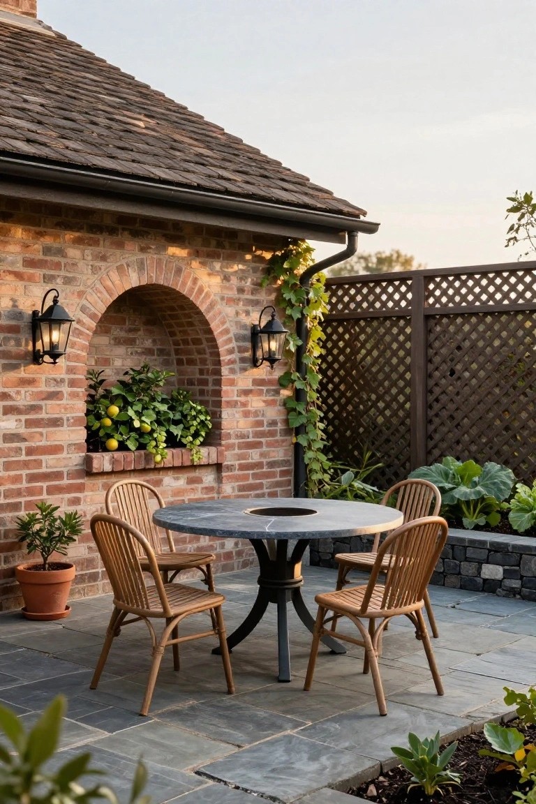 Outdoor patio with round stone table and four rattan chairs against a brick wall featuring an arched niche with lemon tree, flanked by two lanterns, ivy on lattice fence, and various potted and garden plants on slate pavers.