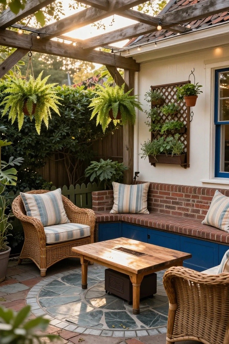 Brick Banquette Seating Along House Walls