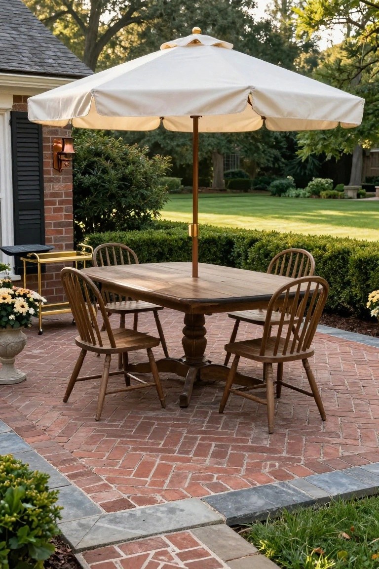 Rectangular wooden table with pedestal base and four ladderback wooden chairs under large beige market umbrella on herringbone red brick patio next to brick house with black shutters, gold bar cart, potted flowers, and boxwood hedges.