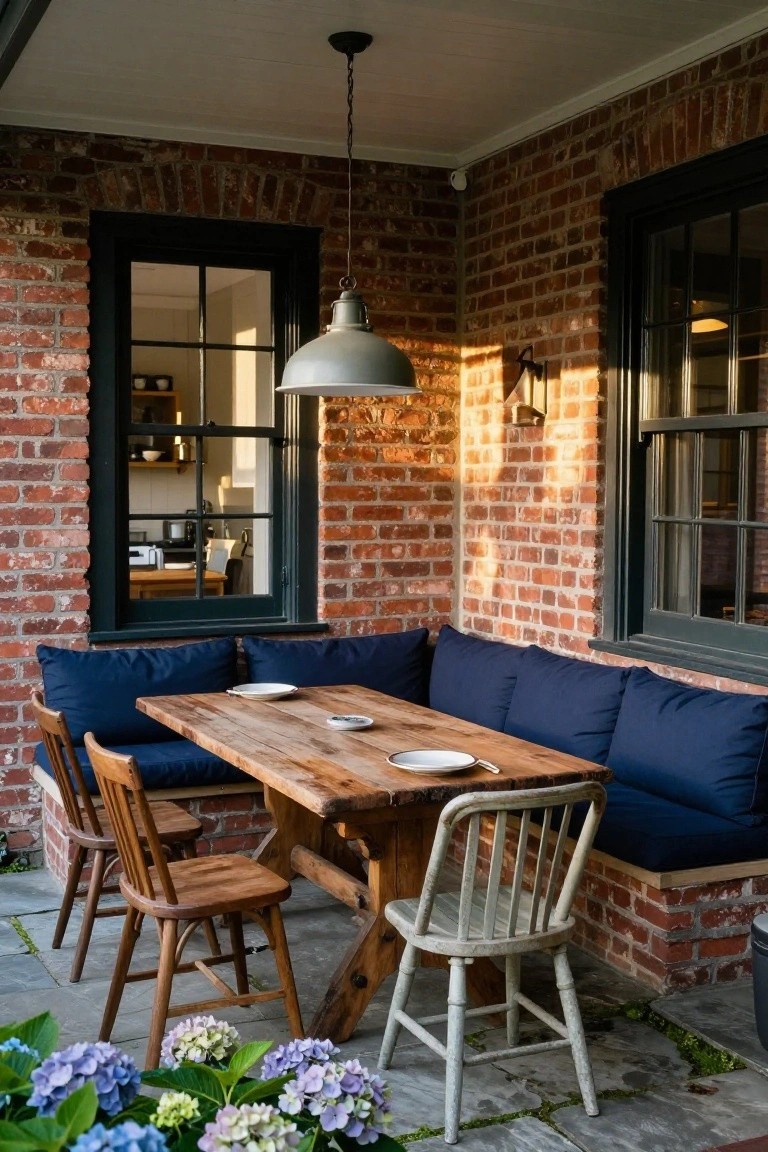 Outdoor covered patio featuring a built-in navy blue cushioned bench along a brick wall with black-framed windows, a wooden dining table with plates, wooden chairs, pendant light overhead, wall sconce, and potted hydrangeas in the foreground.