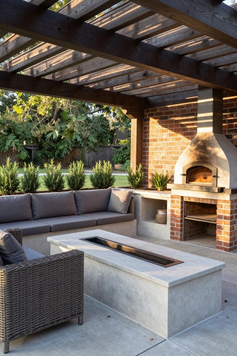Outdoor patio under wooden pergola with brick-built wood-fired pizza oven, L-shaped gray sofa, concrete fire table, potted plants, and greenery in the background.