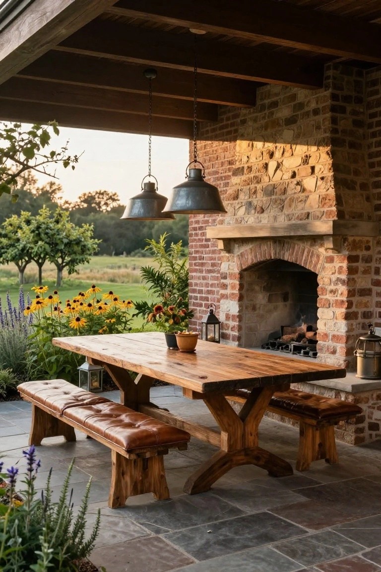 Covered outdoor patio with long wooden trestle table, leather-padded benches, brick fireplace, hanging pendant lights, lanterns, potted plants, and surrounding garden landscaping.
