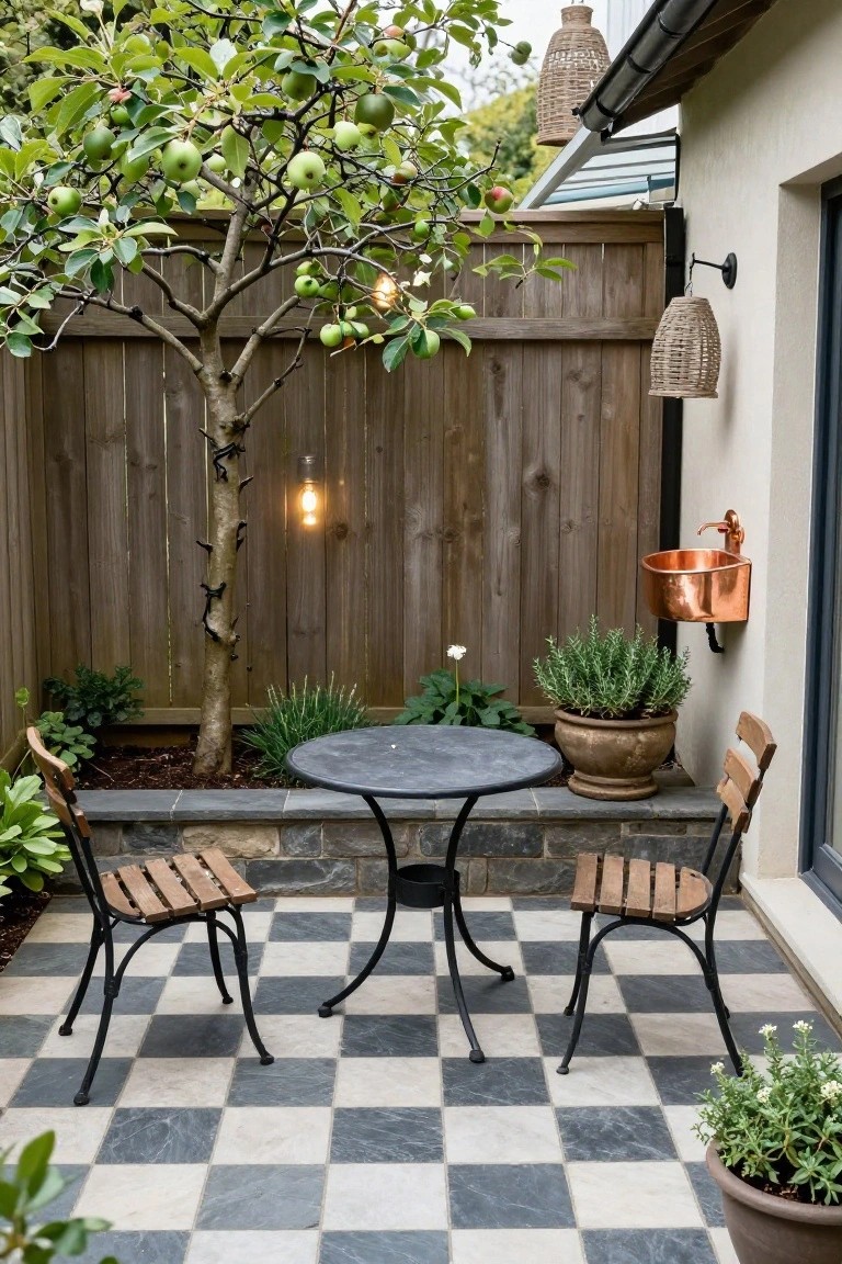 Small outdoor patio with black and white checkered tile floor, round black metal table, two wooden chairs with black frames, young apple tree, potted plants, wooden fence, and beige house wall with copper sink and hanging lanterns.