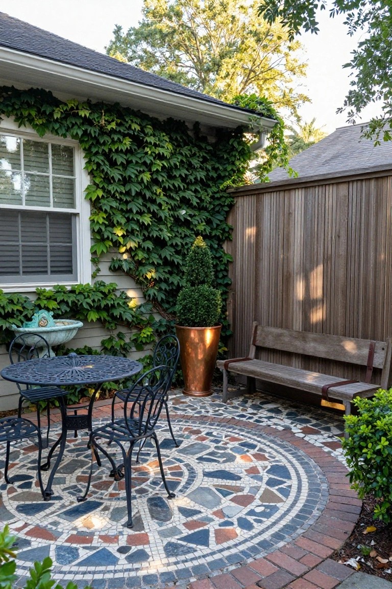 Small outdoor patio with circular multicolored mosaic tile floor, black wrought-iron bistro table and two chairs, copper planter with plant, wooden bench against cedar fence, and ivy-covered light gray house wall.