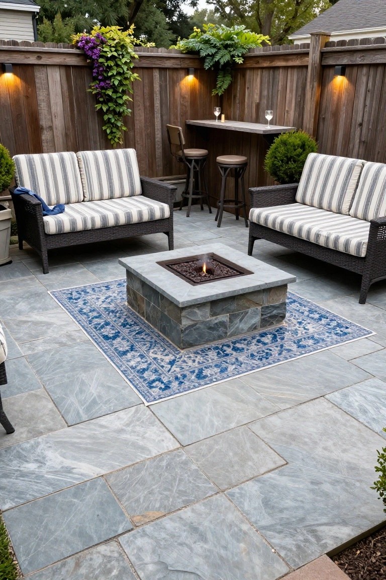 Backyard patio featuring a central rectangular stone fire pit with gas flames, surrounded by striped wicker sofas on a blue patterned rug, a wooden bar counter with stools, potted plants, and a fence with climbing vines and wall lights.