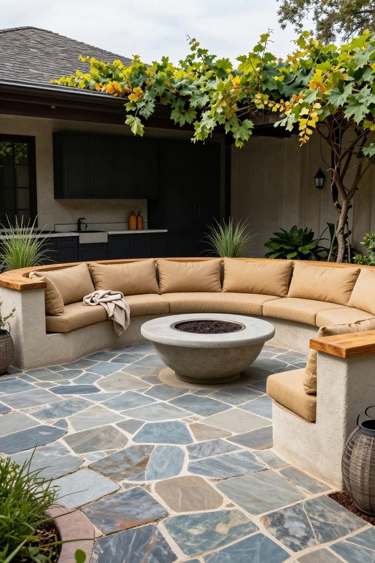 Curved tan cushioned bench seating built into low stucco walls surrounds a large round concrete fire pit on an irregular bluestone paver patio, with potted plants, vines over the house exterior, and an outdoor sink nearby.