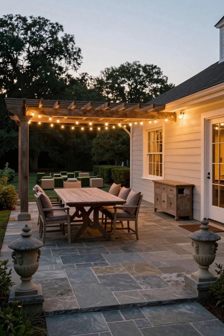 Wooden pergola with string lights over a rectangular dining table and chairs on a bluestone patio adjacent to a white clapboard house with French doors.