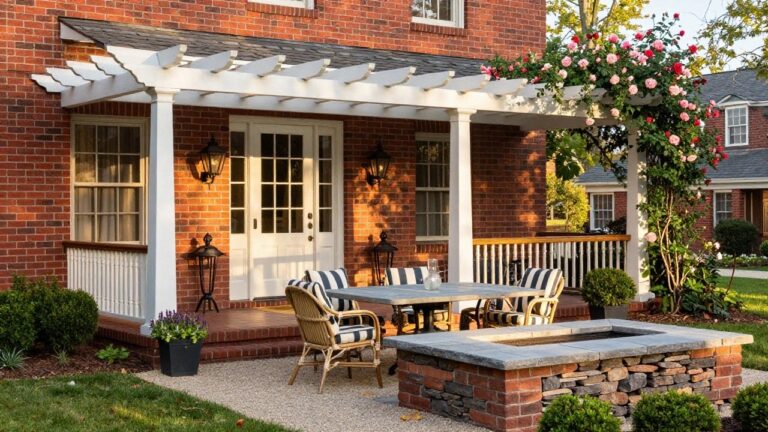 Brick colonial house exterior with white pergola-covered patio, round stone-top table, four wicker chairs with blue-and-white striped cushions, potted plants, climbing roses, and lanterns on the wall.