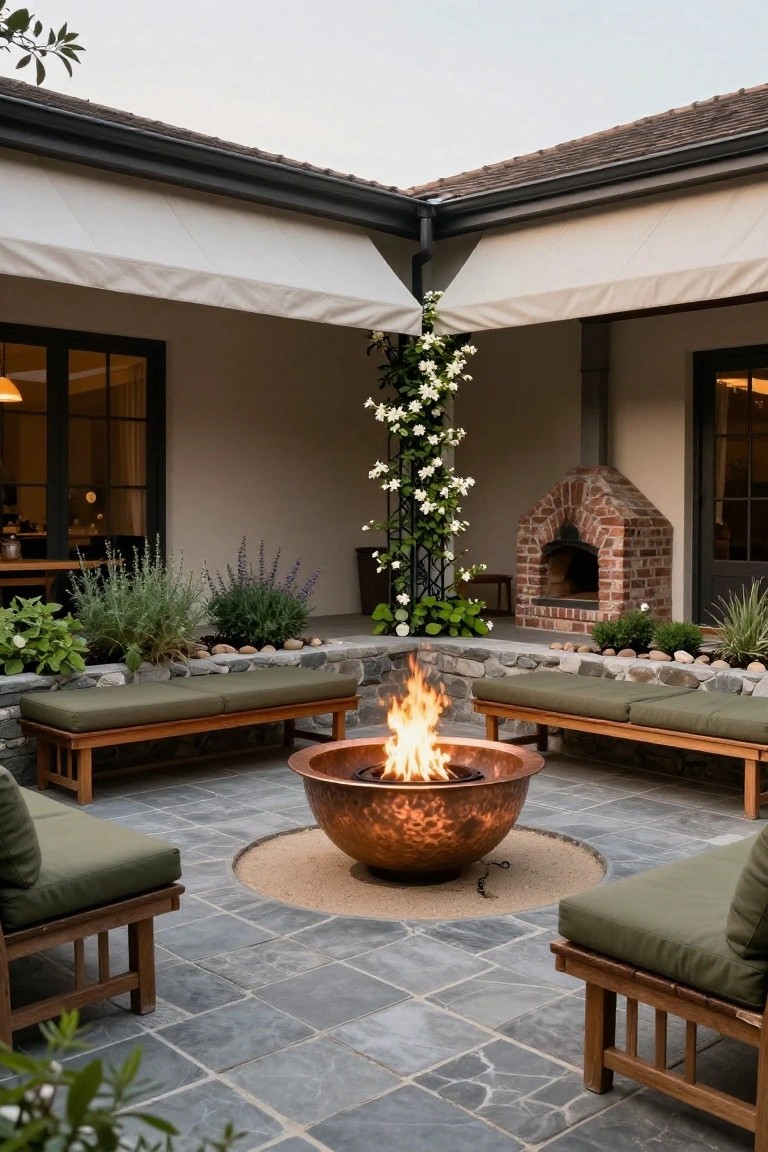 Copper bowl fire pit in the center of a slate-tiled patio surrounded by four wooden benches with green cushions, next to a brick outdoor fireplace with climbing white flowers on a trellis, under a white fabric awning with plants along the edges.