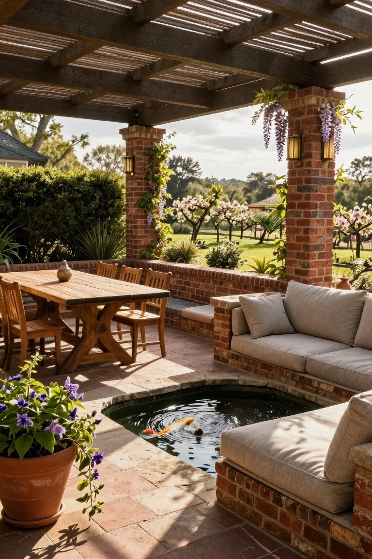 Covered brick patio under wooden pergola with wooden dining table and chairs, beige built-in sofa along brick wall next to circular koi pond with orange fish, potted blue flowers, and greenery.
