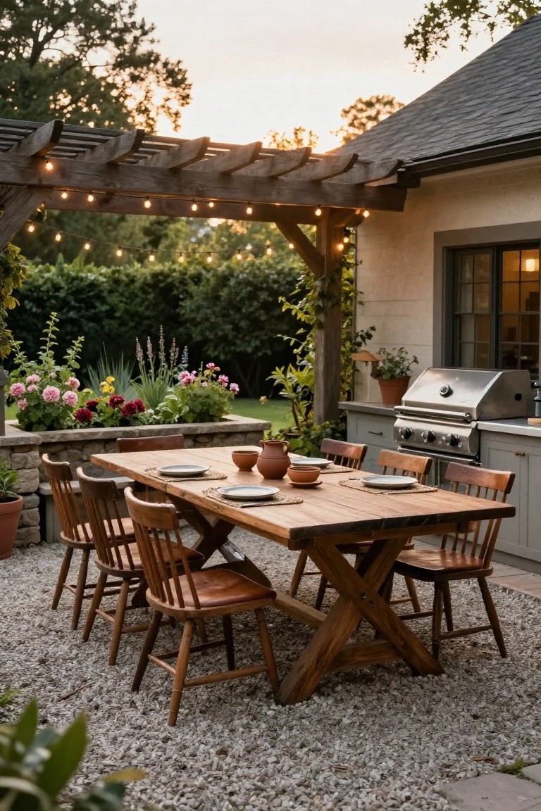 Wooden pergola with string lights over a gravel patio featuring a long wooden dining table with chairs, set plates, potted plants, flower beds, and a stainless steel grill beside a beige house exterior.