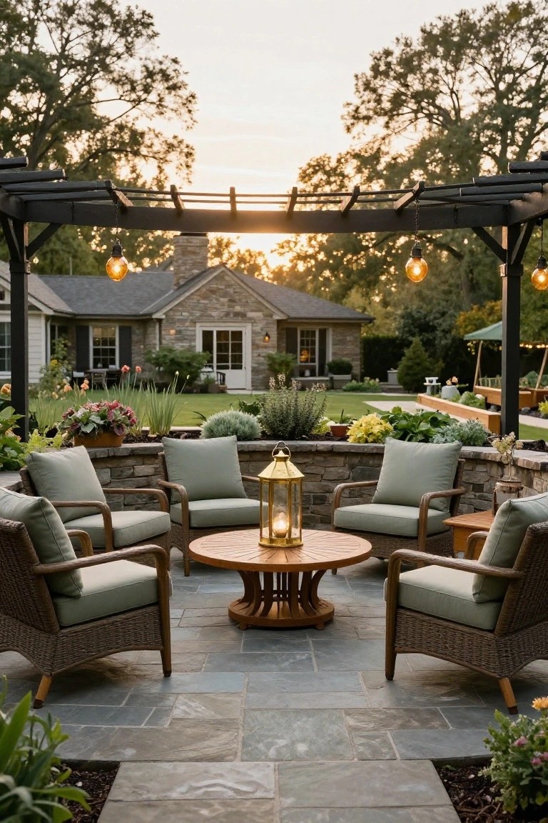 Patio under wooden pergola with string lights and lanterns, four cushioned wicker armchairs around round wooden coffee table on slate pavers, stone retaining walls with plants, house and yard in background at dusk.