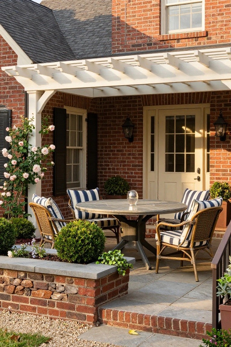 Brick colonial house exterior with white pergola-covered patio, round stone-top table, four wicker chairs with blue-and-white striped cushions, potted plants, climbing roses, and lanterns on the wall.