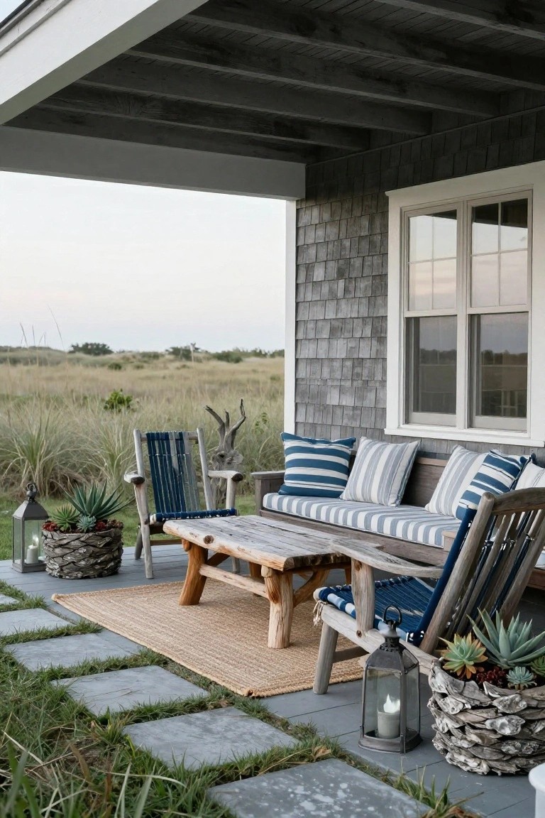 Covered porch on gray shingled house with wooden bench and chairs upholstered in blue and white striped cushions around driftwood coffee table, potted succulents, lanterns, and stone pavers leading to grassy dunes.