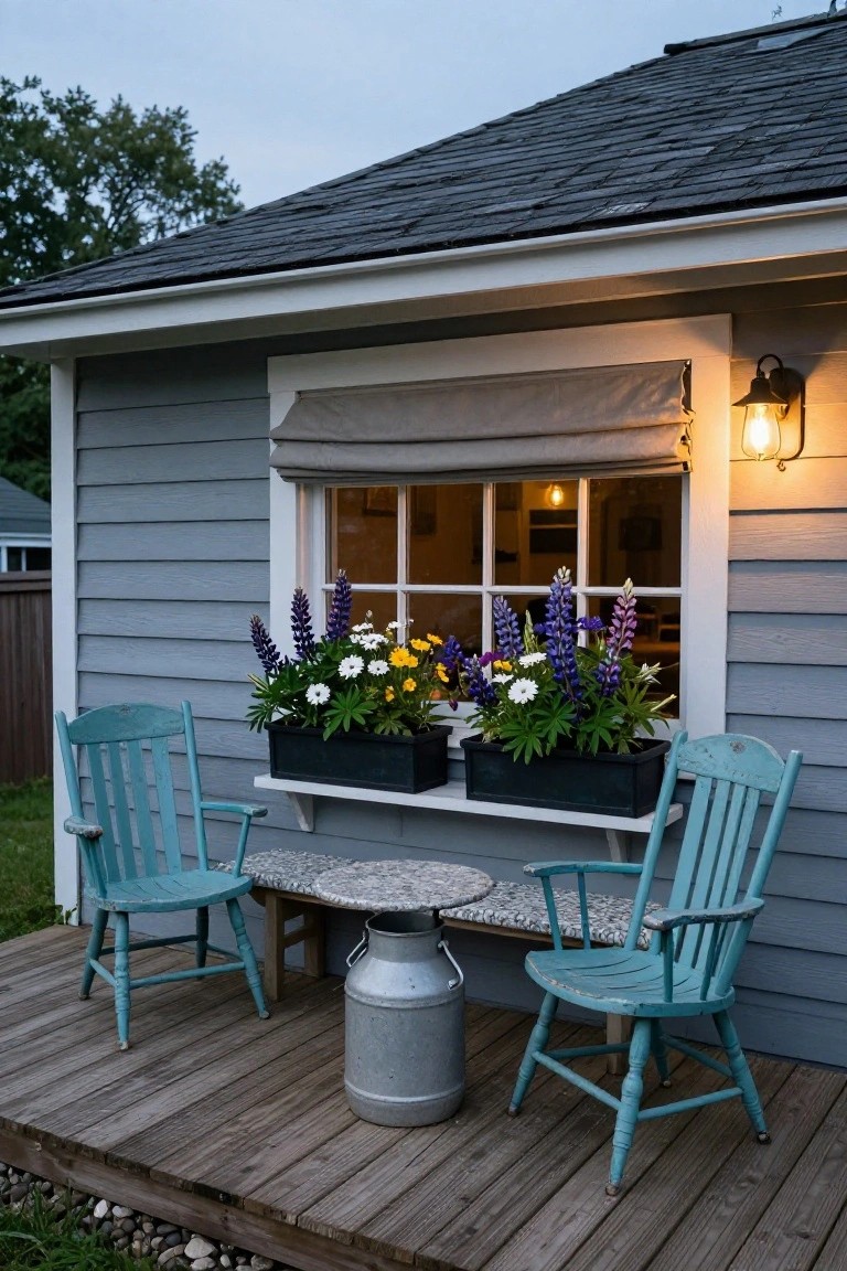 Gray clapboard shed exterior with shuttered window featuring flower boxes of purple lupines, white daisies, and yellow flowers, two turquoise Adirondack chairs on wooden deck facing each other with galvanized milk can table between them, lantern light beside window, and gravel border.