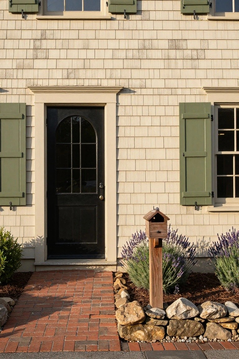 Light beige shingle-sided house exterior with green shutters, black arched front door with nine glass panes, brick walkway, lavender plants, wooden birdhouse post, and stone wall edging.