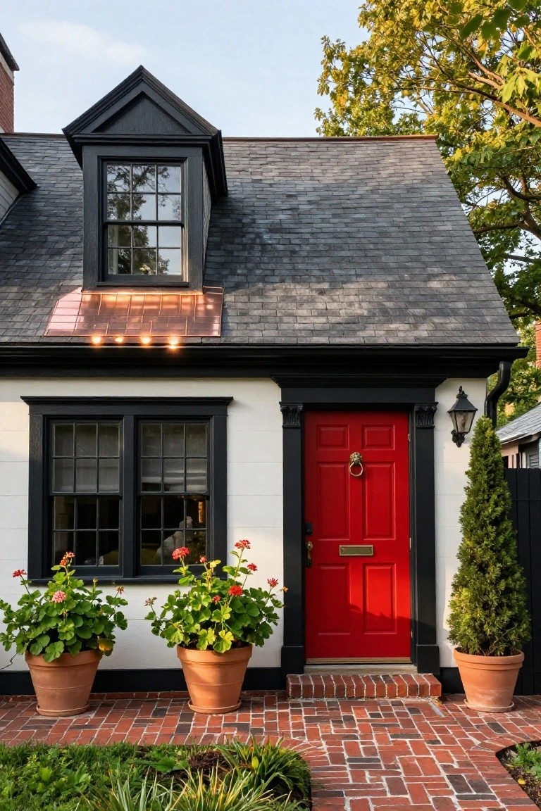 White clapboard house with black trim framing double-hung windows and a red paneled front door with brass knocker, flanked by geraniums in terracotta pots on a brick pathway, slate roof with copper flashing above, and evergreen shrub nearby.