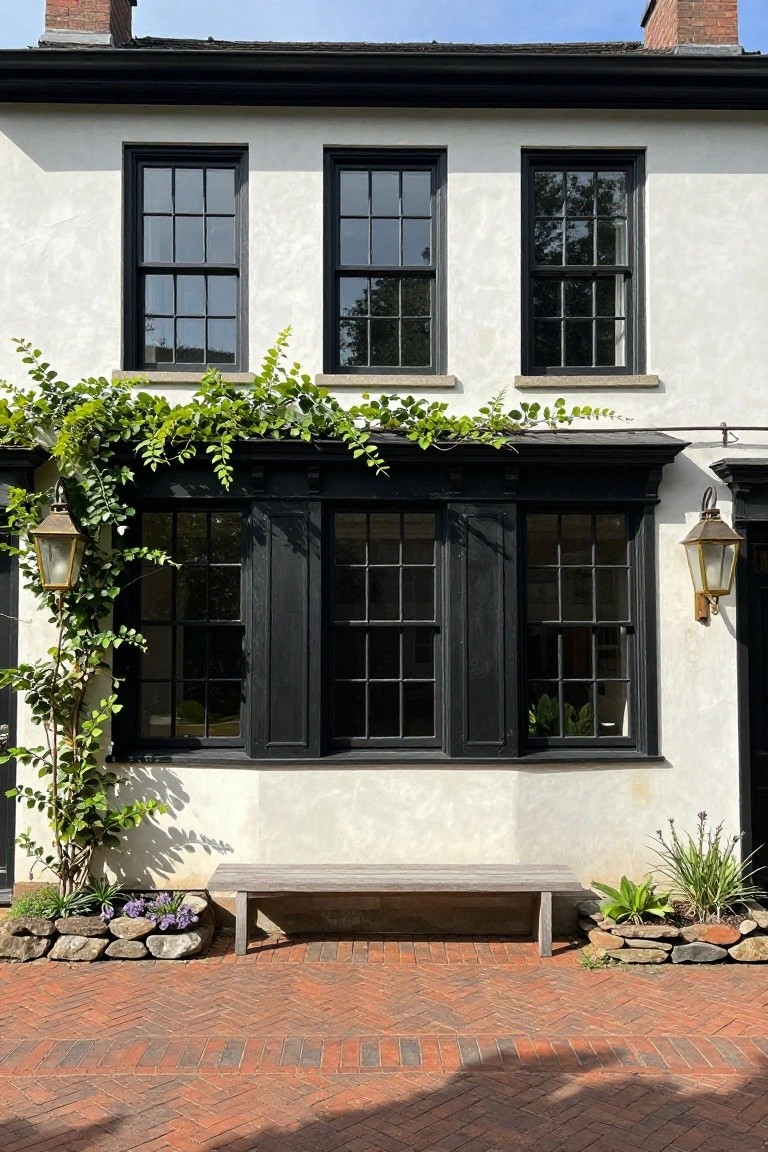 White stucco colonial house facade with black window frames, central three-part window grouping, climbing ivy on left side, brass lanterns flanking windows, wooden bench, plants in rock garden, and brick pathway in front.