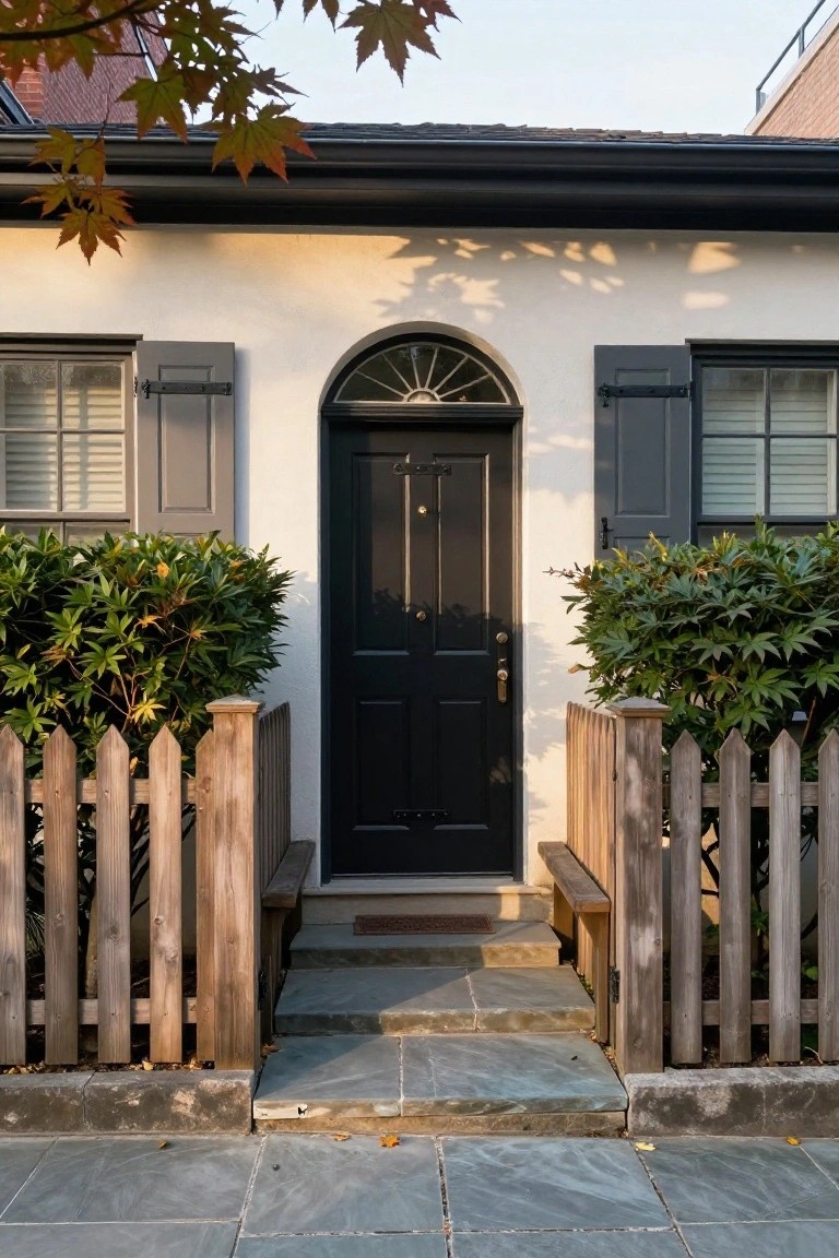 White stucco house facade with centered black paneled double door under arched fanlight window, gray shutters on side windows, boxwood shrubs, wooden picket fence with benches, and stone entry steps.