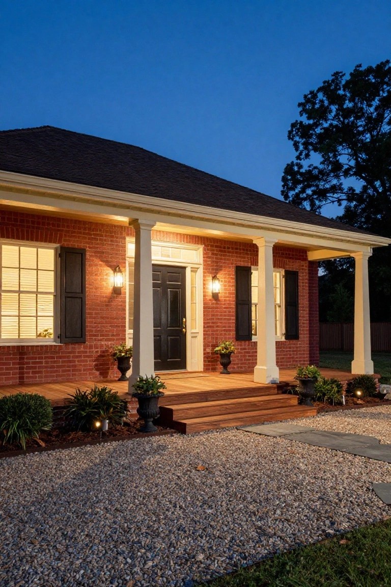 Brick colonial house exterior at dusk featuring a raised wooden porch with white columns, black front door, illuminated lanterns, potted plants, and gravel yard with low shrubs.