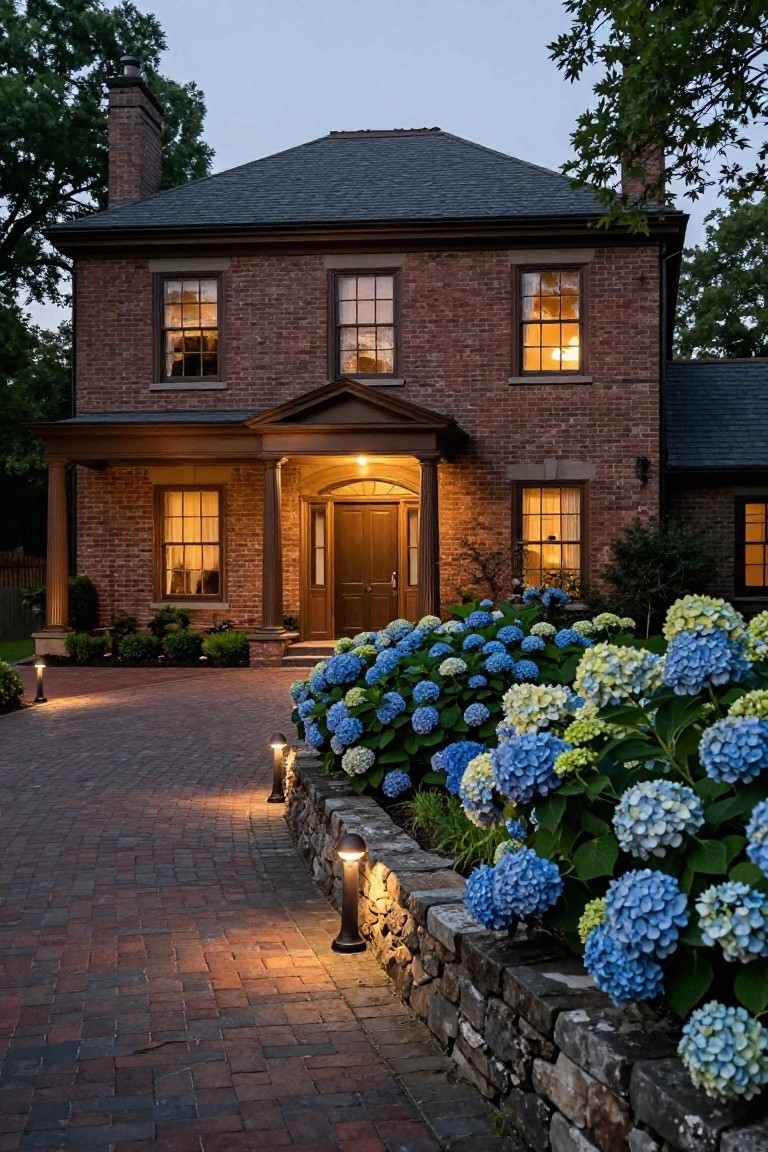 Brick colonial house at dusk featuring a centered columned porch entry, multiple lit windows, brick driveway, stone retaining wall with blue hydrangea bushes, and low path lights.