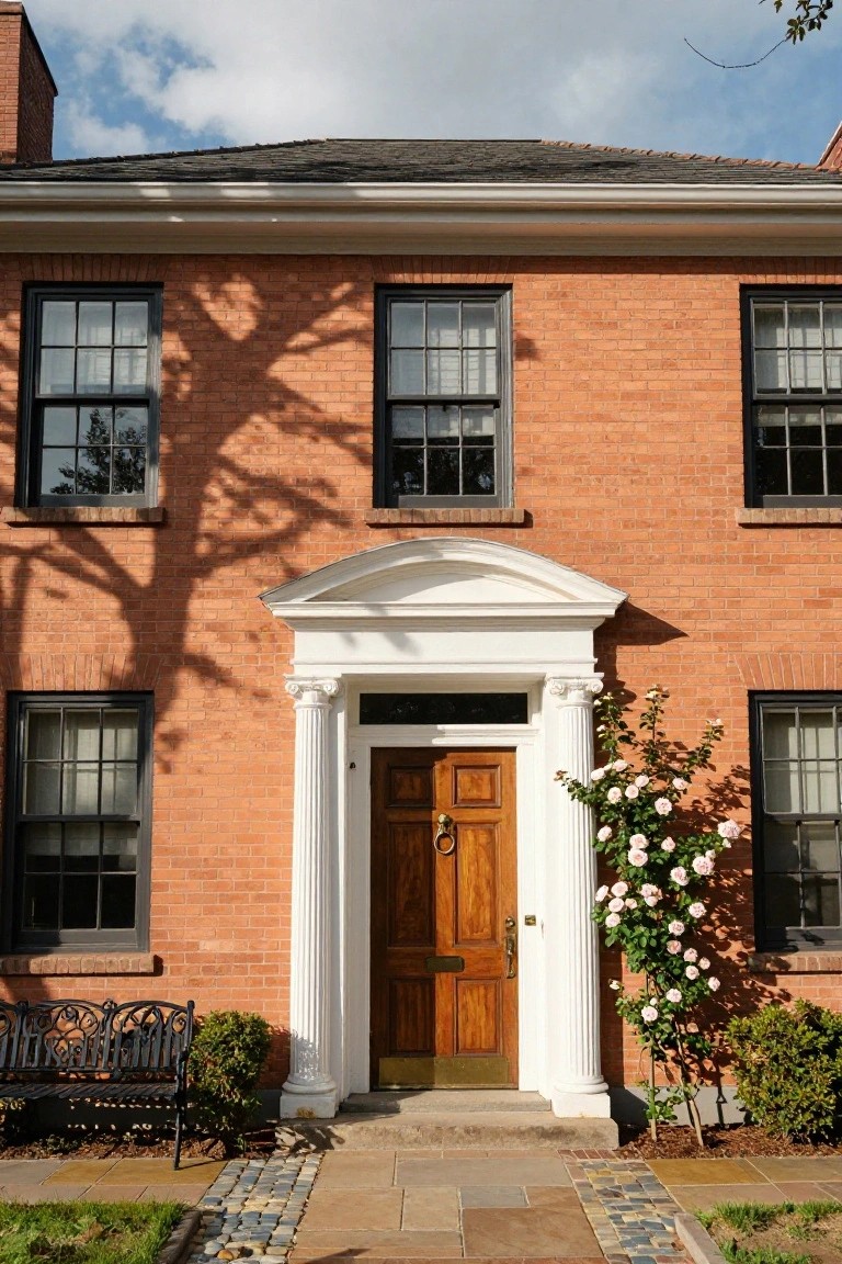Red brick two-story house with black-framed windows, white pedimented portico supported by columns around a wooden front door with brass knocker, pink rose bush nearby, wrought iron bench, and stone pathway.