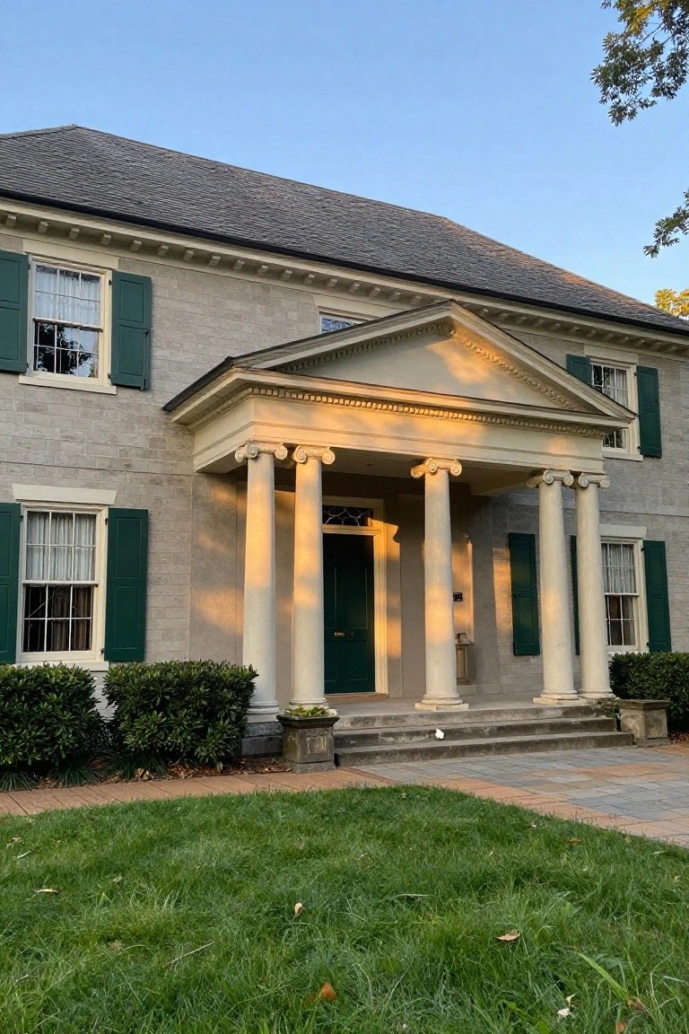 Gray brick two-story colonial house with white pedimented portico supported by four fluted columns, green shutters on multipane windows, boxwood shrubs in urns, stone steps, and grass lawn in late afternoon light.