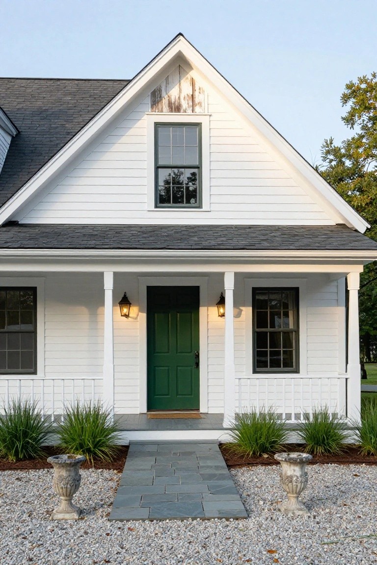 White clapboard Colonial house with gabled roof, green front door on a porch with columns and lanterns, flanked by windows, slate walkway to gravel yard with stone urns and ornamental grasses.