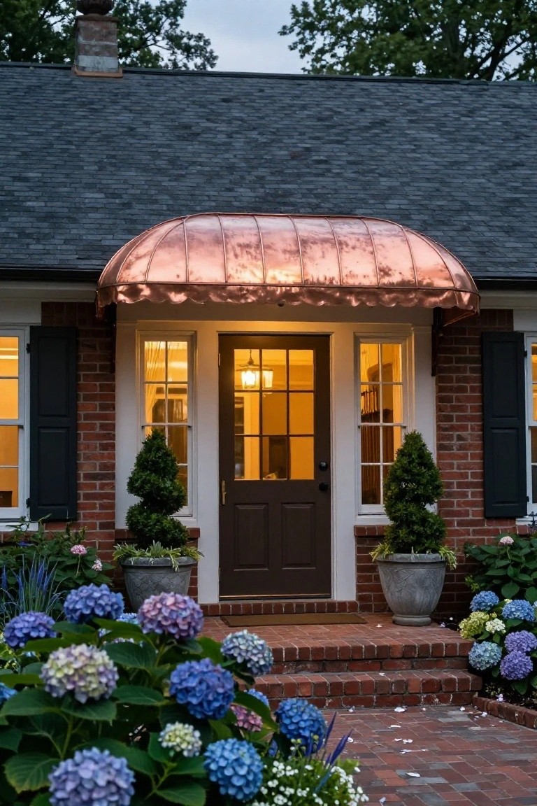 Brick colonial house facade with curved copper awning over a glass-paneled dark wood front door, flanked by white-trimmed windows, potted topiary shrubs, and blue hydrangea plantings beside brick entry steps.