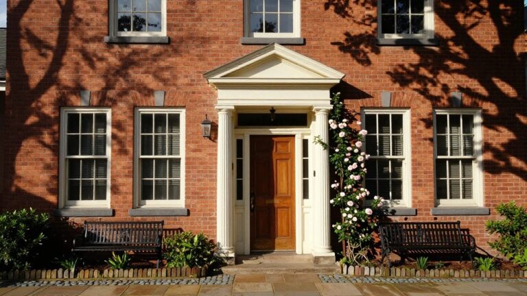 23 Colonial House Exterior Transformation Ideas That Wow Neighbors Red brick two-story house with black-framed windows, white pedimented portico supported by columns around a wooden front door with brass knocker, pink rose bush nearby, wrought iron bench, and stone pathway.