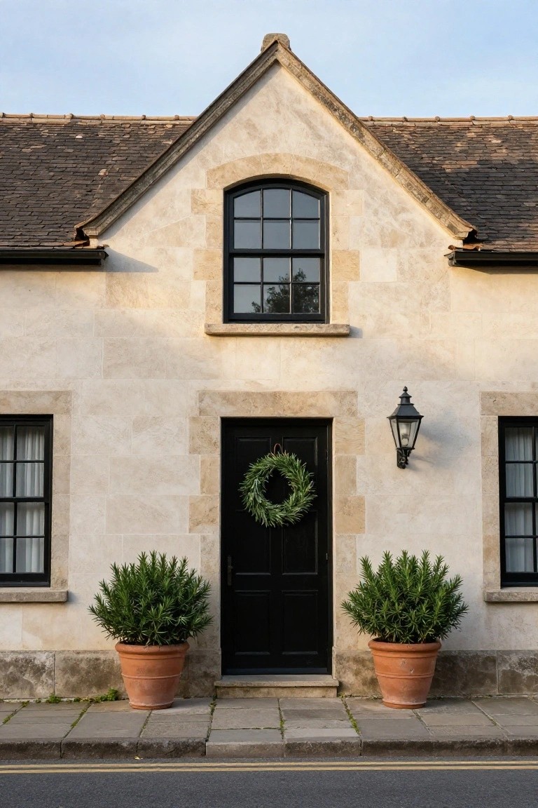Beige stone house facade with gabled roof, black-framed windows and double front door with evergreen wreath, flanked by two terracotta pots containing green topiary shrubs, and a lantern light mounted beside the door on a paved entry path.