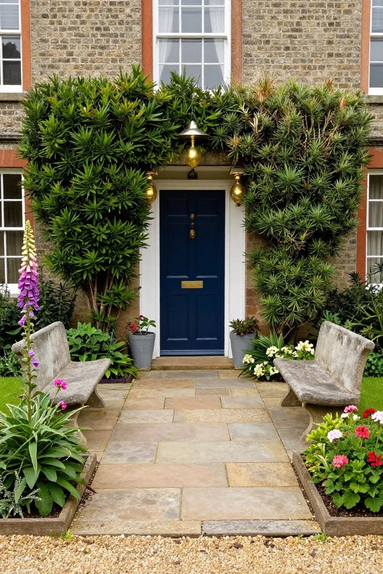 Brick Georgian-style house facade with a blue front door centered between two tall yucca plants, flanked by lanterns, stone benches, flower beds, and a paved path leading to gravel.