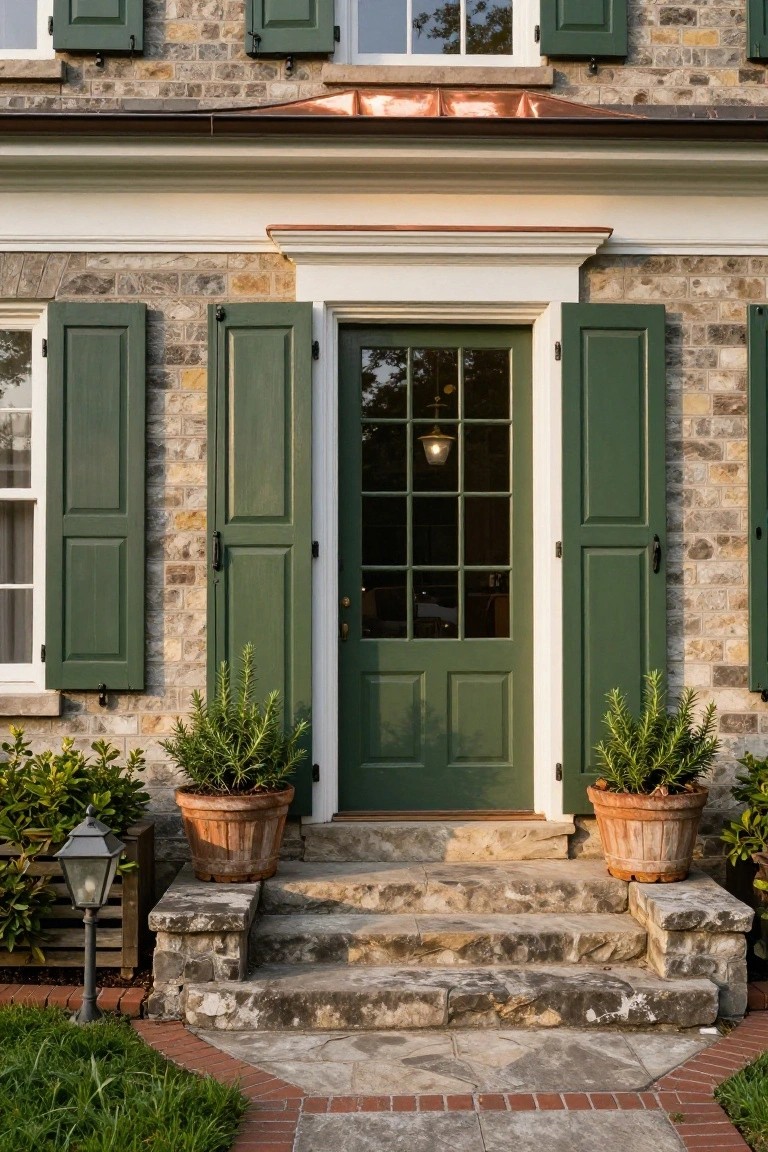 Colonial house exterior with hunter green front door featuring glass panels, matching green shutters on stone walls, white trim, stone steps, terracotta pots with topiary plants, and a lantern light.
