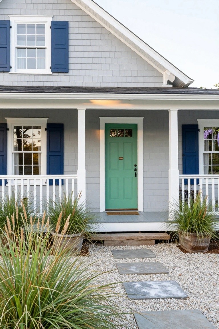 Gray shingle house exterior with white porch columns, navy blue shutters on double-hung windows, mint green paneled front door, potted grasses, and a stone path leading to the entry.