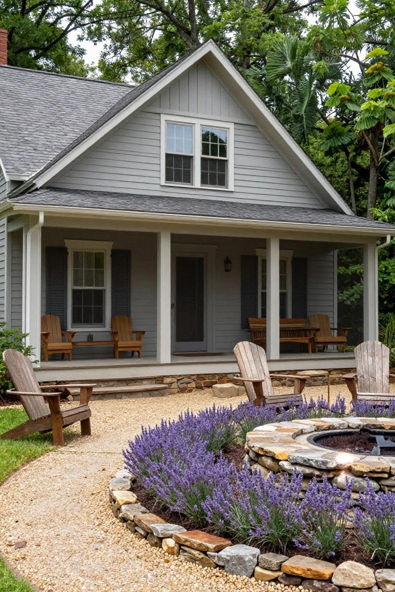 Gray clapboard house with gabled roof and covered front porch furnished with Adirondack chairs, gravel path leading to circular stone fire pit surrounded by lavender plants and edged in rocks.