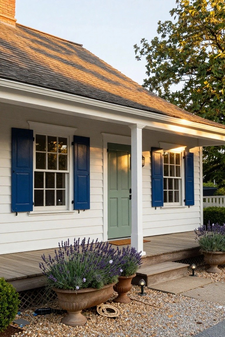 White colonial house with navy blue shutters on multi-pane windows, sage green front door under a porch with white columns, large terracotta pots of purple lavender on a wooden porch, gravel path, and trees in late afternoon light.