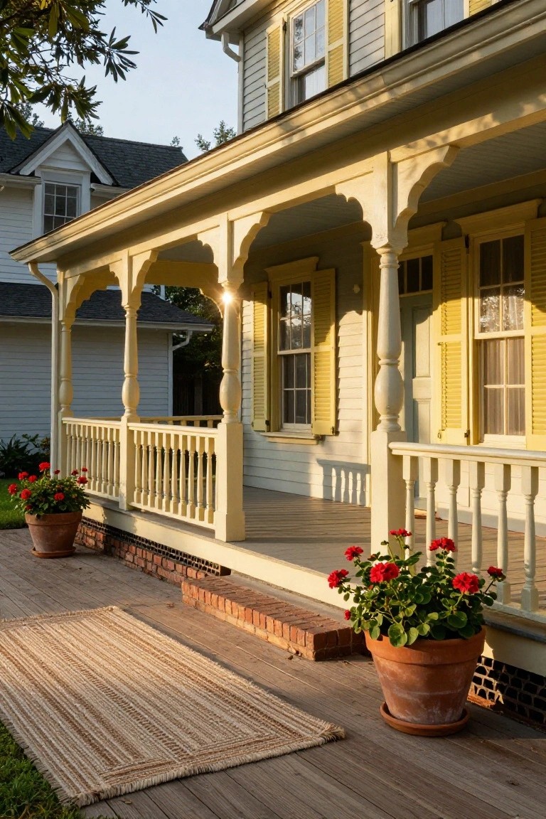 Yellow house with cream porch featuring turned columns, balusters, and railings; wooden steps with seagrass rug leading to green door; large terracotta pots of red geraniums placed on either side of steps.