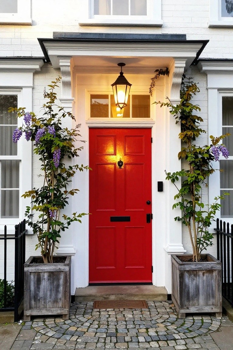 White brick house with black trim and a glossy red front door under a lit lantern on the porch, flanked by wooden planters with climbing wisteria vines and purple flowers, leading to a curved cobblestone path.